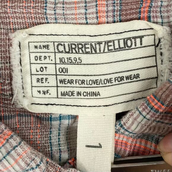 NWOT CURRENT/ELLIOTT Top S Plaid Beige Brown Multi Pocket Long-Sleeve Cotton - Picture 4 of 16